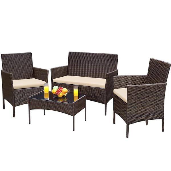 Patio Furniture Set 4 Pcs Outdoor Wicker Sofas Rattan Chair Wicker Conversation