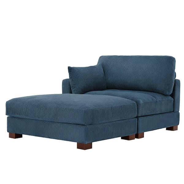 Navy Blue Corduroy Polyester Upholstered Sectional Left Arm Facing Chaise Lounge with Ottoman