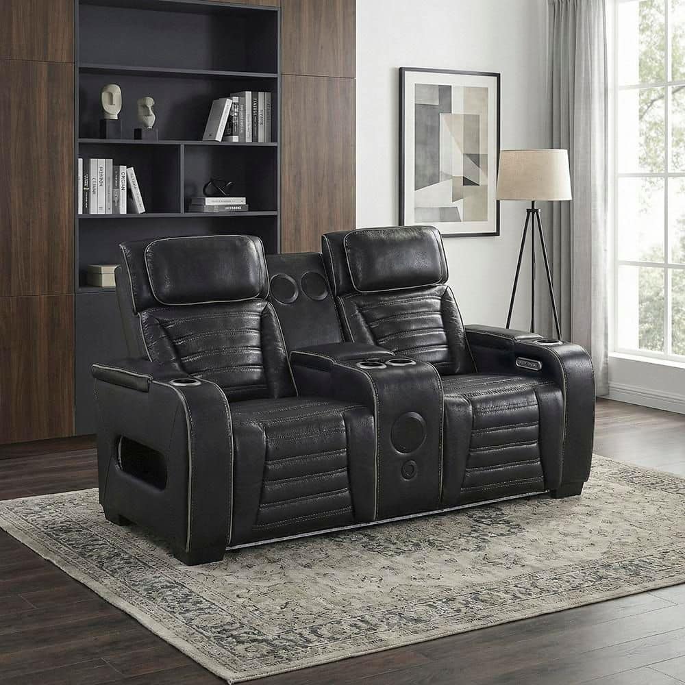 Lazzara Bedos 73 in. W Black Top Grain Leather 2-Seater Power