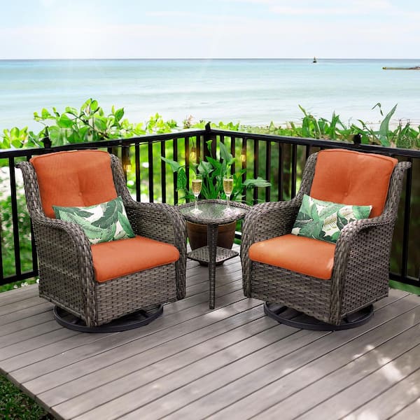 JOYSIDE 3-Piece Wicker Patio Swivel Outdoor Rocking Chair Set with Orange Cushions and Table