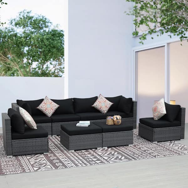 Unbranded 8-Pieces Gray Wicker Outdoor Sectionals Patio Furniture Set Conversation Set with Ottomans and Black Cushions