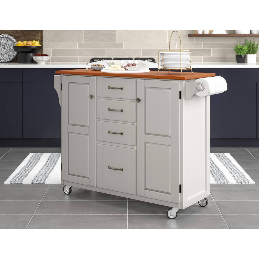 White and Oak Wood Top Kitchen Cart with Spice Rack