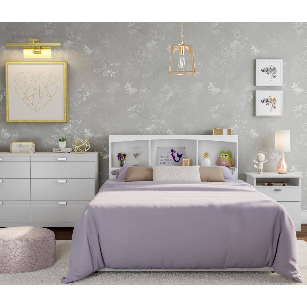 Full White Wood Bookcase Headboard with Storage