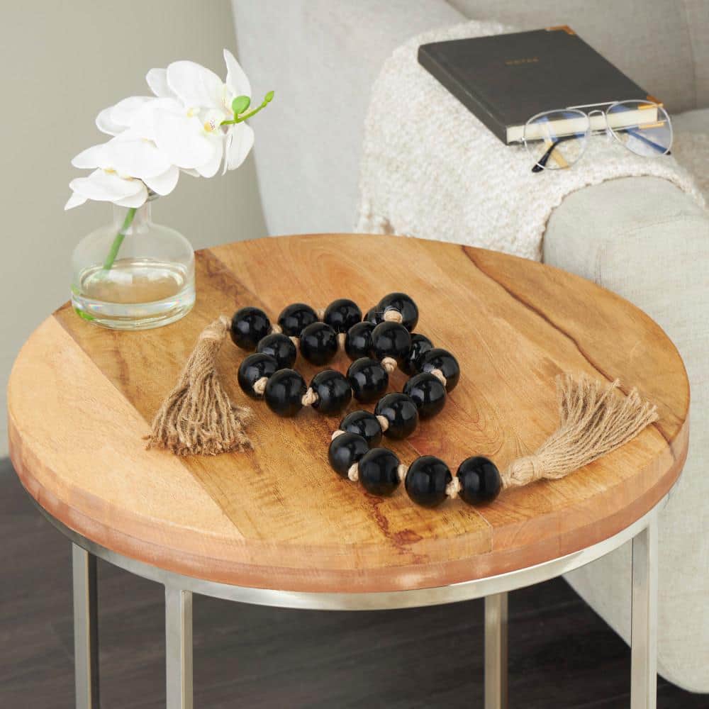 45 in. Black Handmade Glass Round Beaded Garland with Tassel with Knotted Brown Jute