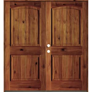 60 in. x 80 in. Rustic Knotty Alder Arch Top Red Chestnut Stain/V-Groove Right-Hand Wood Double Prehung Front Door