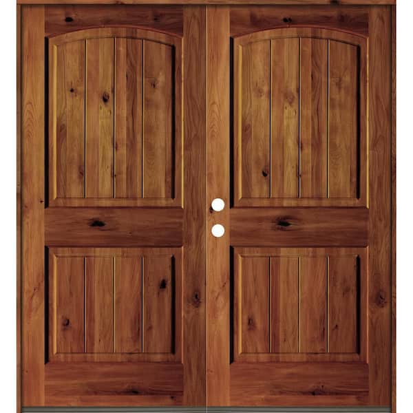 Krosswood Doors 60 in. x 80 in. Rustic Knotty Alder Arch Top Red Chestnut Stain/V-Groove Right-Hand Wood Double Prehung Front Door