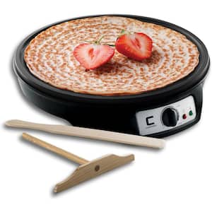 12 in. Black Non-Stick Electric Crepe and Omelet Pans Maker: Precise Temp Control, Aluminum, Spreader & Spatula Included