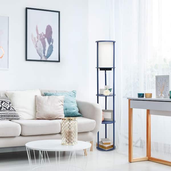 Simple Designs 62.5 in. Navy Round Modern Floor Lamp Shelf Etagere