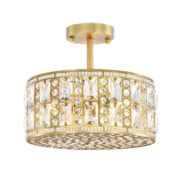 MLiAN 11.8 in. 3-Light Gold Crystal Drum Semi Flush Mount Ceiling Light