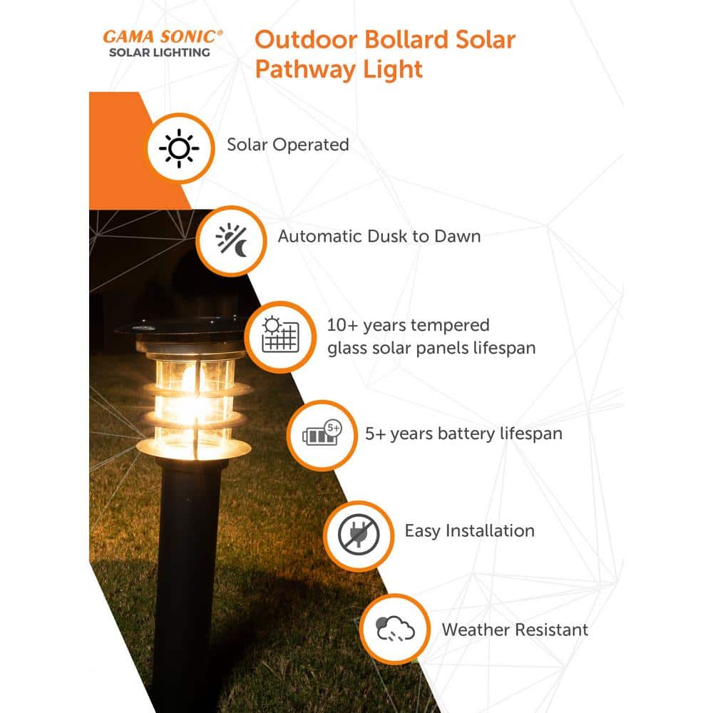 Black Stainless Steel LED Solar Pathway Bollard Lights, Set of 2