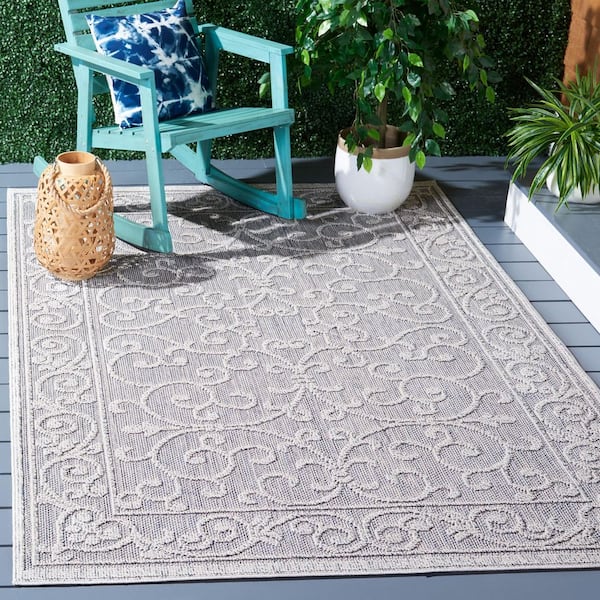 Global Blue/Gray 9 ft. x 12 ft. Ornate Border Solid Indoor/Outdoor Area Rug