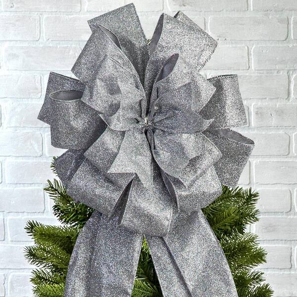 NEW TRADITIONS SIMPLIFY YOUR HOLIDAY Christmas Tree Topper Bow and 12 Mini Bows  Silver Glitter Ribbon 49995115DD - The Home Depot