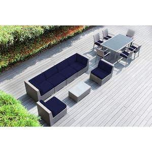 Ohana Gray 14-Piece Wicker Patio Conversation Set with Stackable Dining Chairs and Sunbrella Navy Cushions