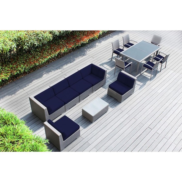 Ohana Depot Ohana Gray 14-Piece Wicker Patio Conversation Set with Stackable Dining Chairs and Sunbrella Navy Cushions
