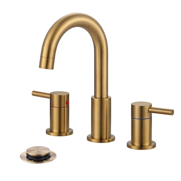 ALEASHA Curva 8 in. Widespread Double Handle Bathroom Faucet with Drain Kit Included in Gold