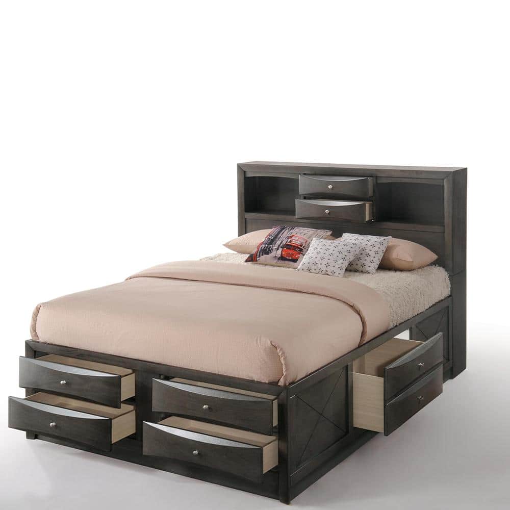 Gray Oak Upholstered King Captain's Bed with Bookcase Storage