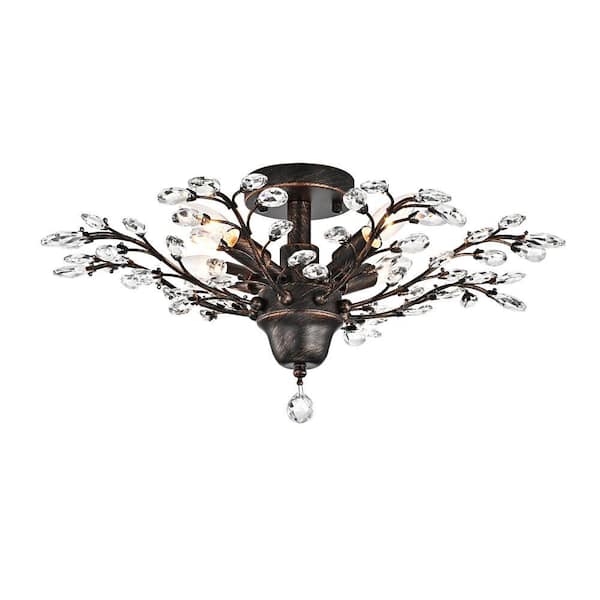 Lluvia 23.6 in. 4-Light Crystal Leaves Antique Copper Flush Mount with No Bulbs Included