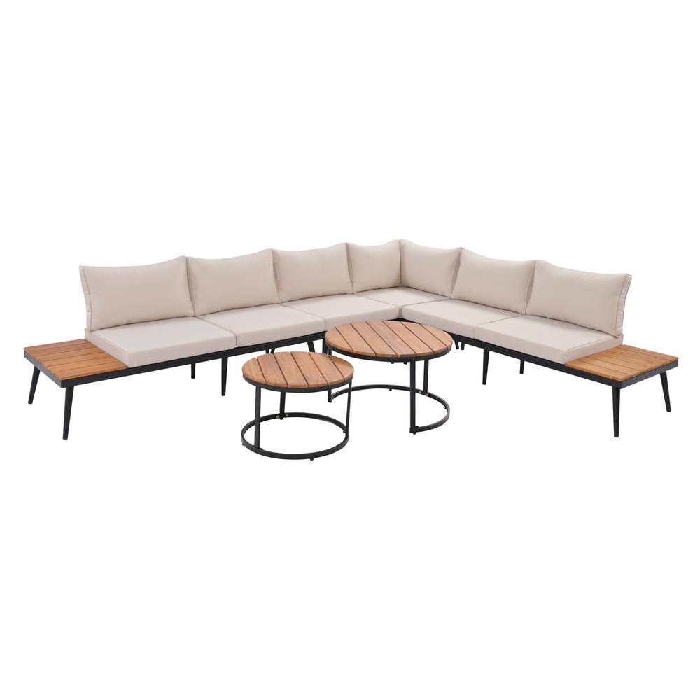 6-Piece Black Metal Outdoor Patio Sectional Sofa Set with Wooden Round Nesting Coffee Tables with Beige Cushions price history on PriceWatchPro