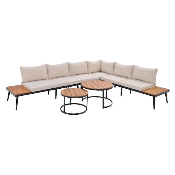 Boosicavelly 6-Piece Black Metal Outdoor Patio Sectional Sofa Set with Wooden Round Nesting Coffee Tables with Beige Cushions