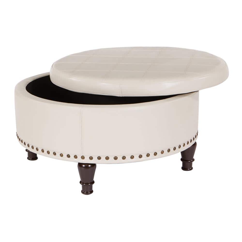 Augusta 33'' Round Storage Ottoman in Luxe Red Bonded Leather with Nailhead Accents