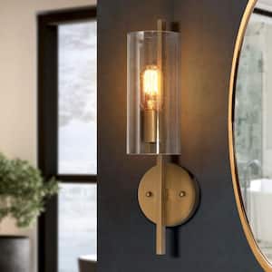 17 in H. Modern Cylinder Powder Room Wall Sconce 1-Light Large Brass Gold Bathroom Single Light with Seeded Glass Shade