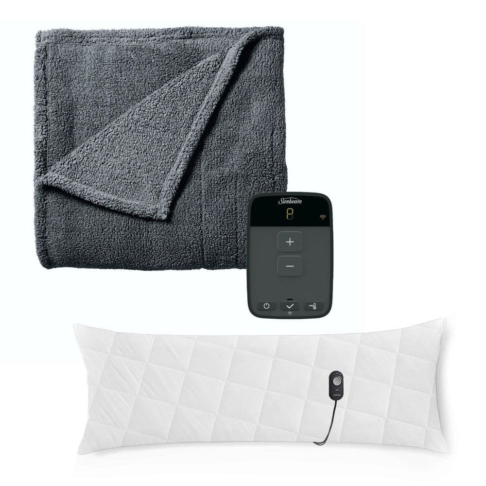 Sunbeam Full Size Slate Polyester Heated Electric Throw Blanket with Wi-Fi and Heated Body Pillow, Grey -  985118938M