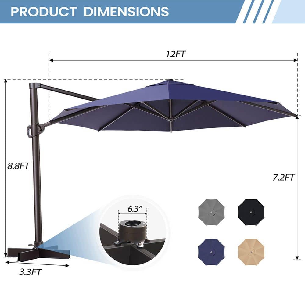Navy Blue 12 FT Round Cantilever Patio Umbrella with Powder Coated Metal Frame