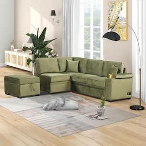 87.4 in. L Shaped Velvet Sectional Sofa in Green, Convertible Sofa Bed with Storage Ottoman, Charging Ports, Cup Holder