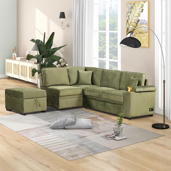 Harper & Bright Designs 87.4 in. L Shaped Velvet Sectional Sofa in Green, Convertible Sofa Bed with Storage Ottoman, Charging Ports, Cup Holder