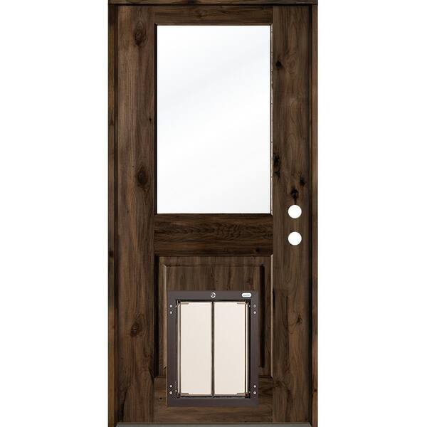 Krosswood Doors 32 in. x 80 in. Knotty Alder Left-Hand/Inswing Clear Glass Black Stain Wood Prehung Front Door with Large Dog Door