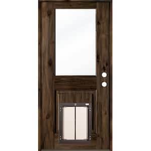 36 in. x 80 in. Left-Hand 1/2 Lite Clear Glass Black Stained Wood Prehung Door with Large Dog Door