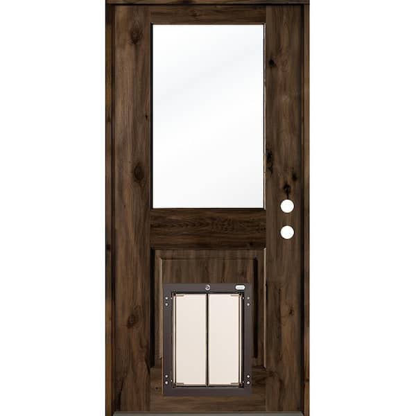 Krosswood Doors 36 in. x 80 in. Left-Hand 1/2 Lite Clear Glass Black Stained Wood Prehung Door with Large Dog Door