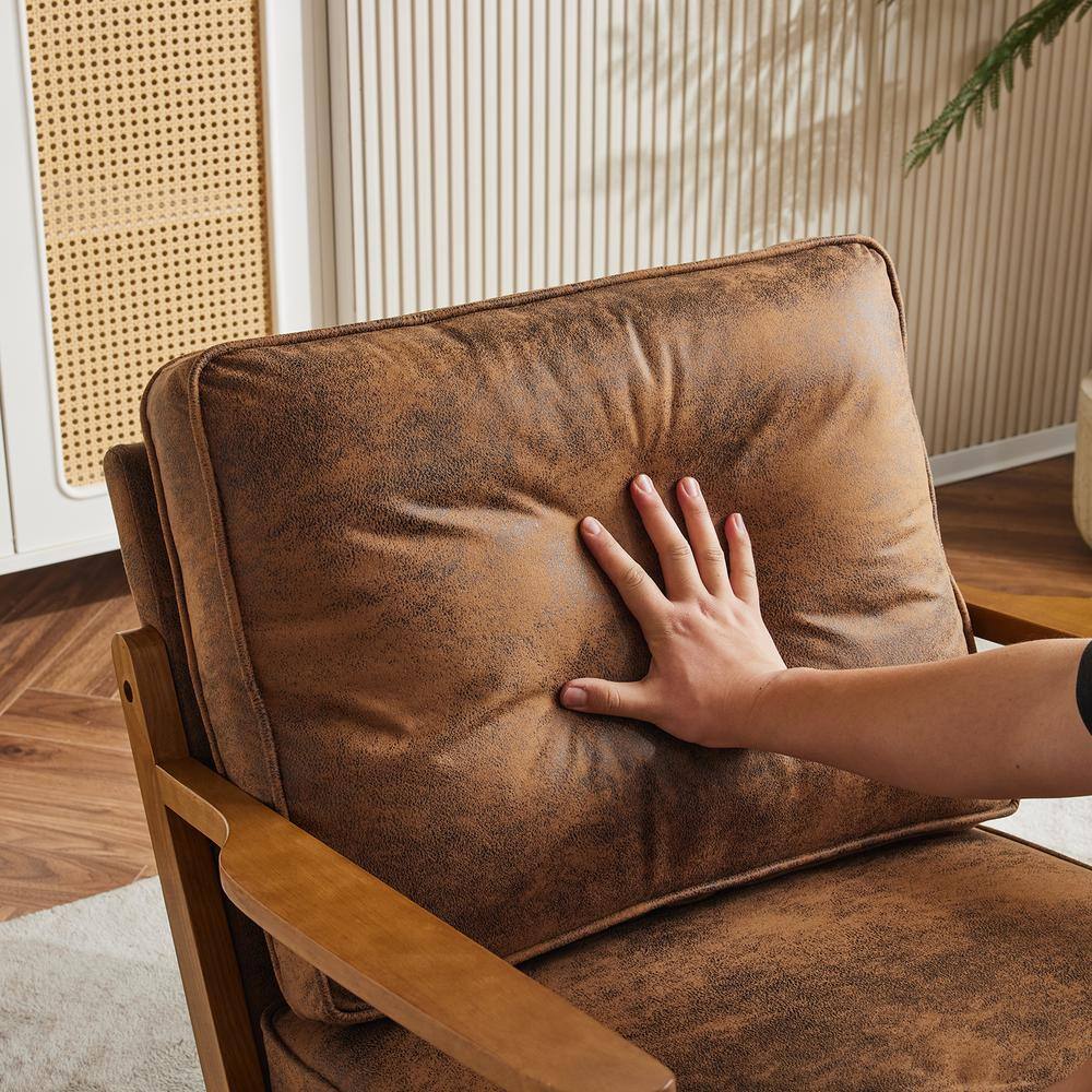 Brown Suede Wood Frame Mid-Century Modern Accent Chair