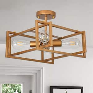 14.96 in. 4-Lights Gold Industrial Square Frame Semi-Flush Mount Ceiling Light for Kitchen Island,Entryway,Base