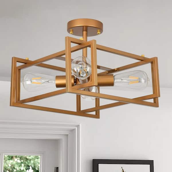 GoYeel 14.96 in. 4-Lights Gold Industrial Square Frame Semi-Flush Mount Ceiling Light for Kitchen Island,Entryway,Base