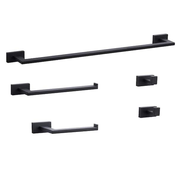 ALEASHA 5-Piece Bath Hardware Set with Towel Bar, Toilet Paper Holder, Hand Towel Holder and 2-Hooks in Matte Black