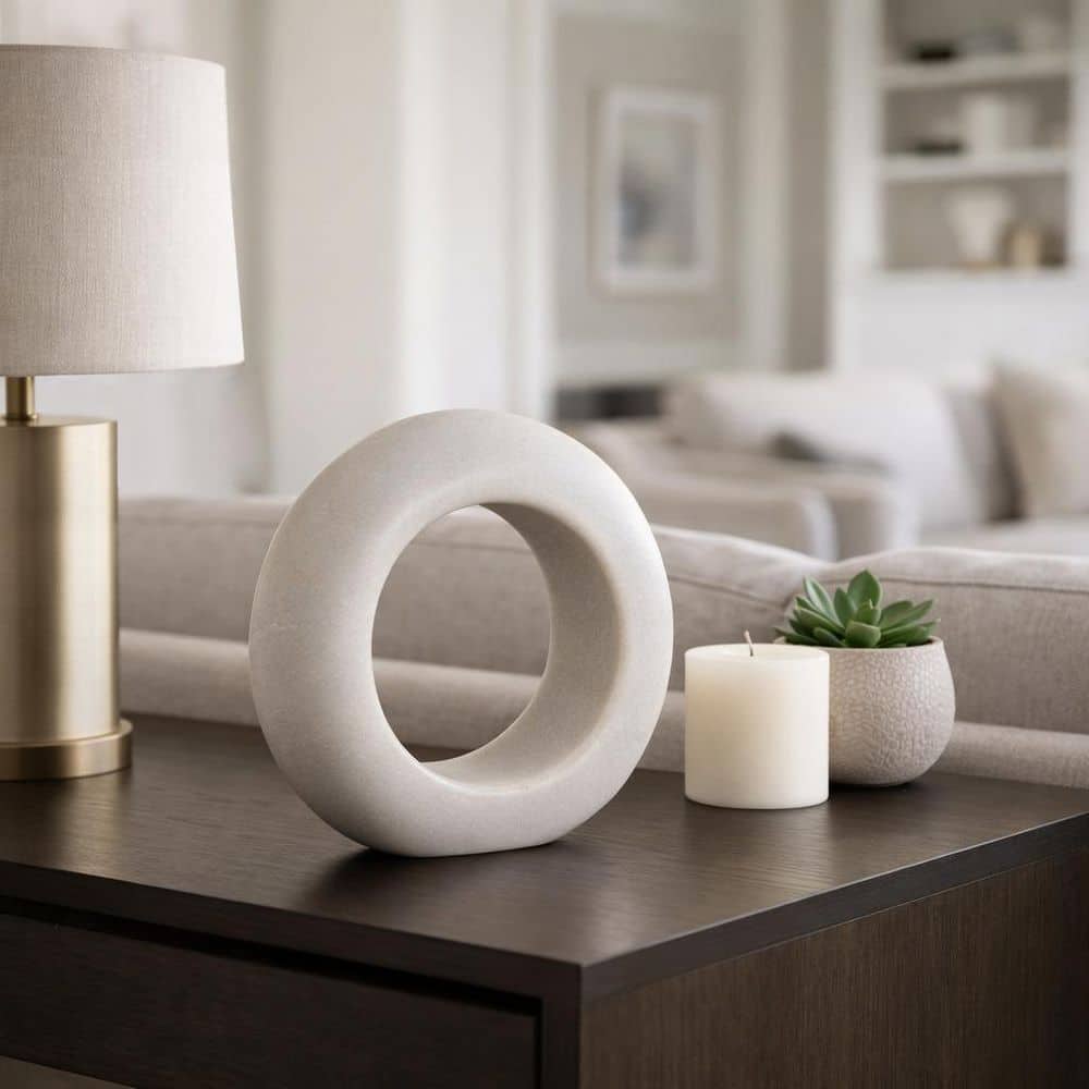 White 10 in. x 10 in. Stone Round Modern Ring Sculpture