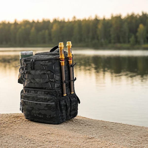 Black Reusable Fishing Tackle Backpack with Cooler Compartment, Rod Holders, Waterproof Pockets, (1-Piece)