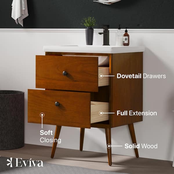 Eviva Caramel 24 in. W x 18 in. D x 34 in. H Single Sink Bath Vanity in Teak with White Porcelain Integrated Vanity Top