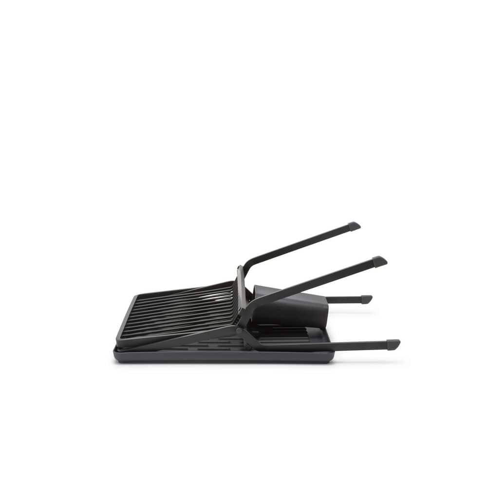 Compact Foldable Dark Gray Metal Dish Drying Rack with Utensil Cup