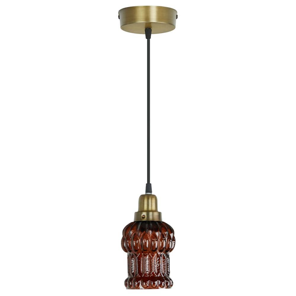 Brown Textured Glass and Gold Metal Pendant Light