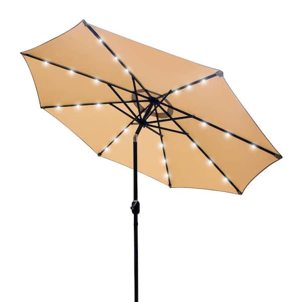 Bigroof 9 ft. Steel Pole Outdoor Market Push Button Tilt Crank Patio Umbrella with 24 LED Solar Lights 8 Sturdy Ribs in Beige