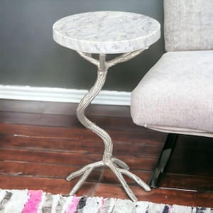 12 in. Silver And White Round Marble End Table