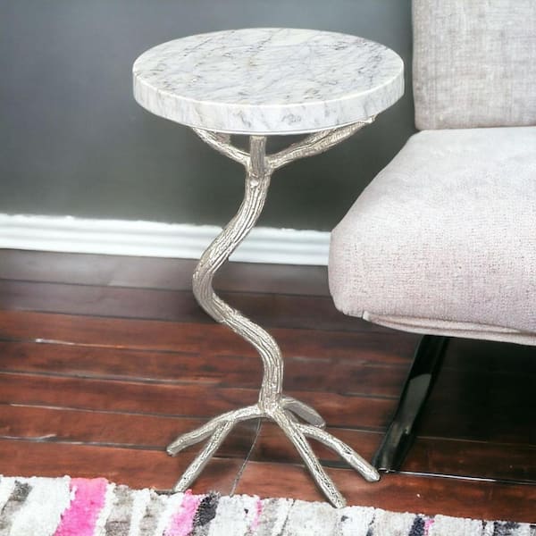 HomeRoots 12 in. Silver And White Round Marble End Table