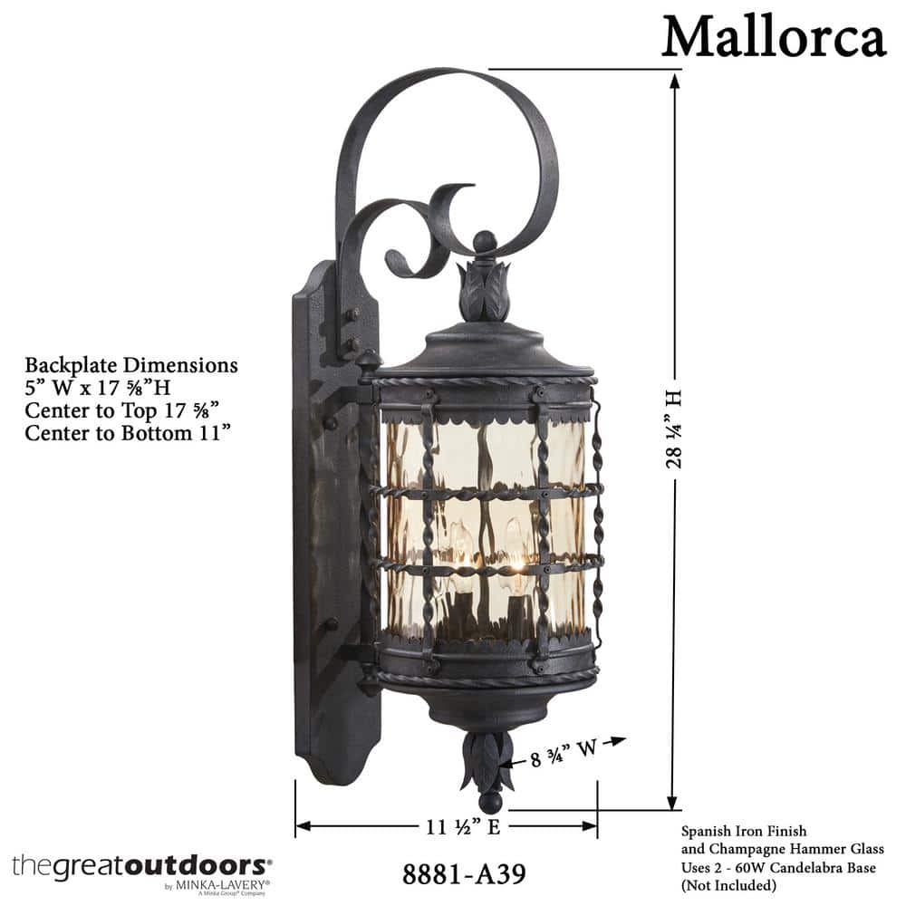Spanish Iron 2-Light Outdoor Wall Lantern with Champagne Glass