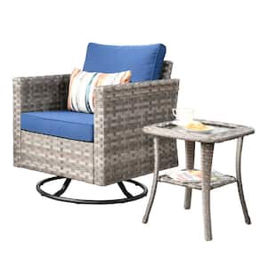 Tahoe Grey Swivel Rocking Wicker Outdoor Patio Lounge Chair with a Side Table and Navy Blue Cushions