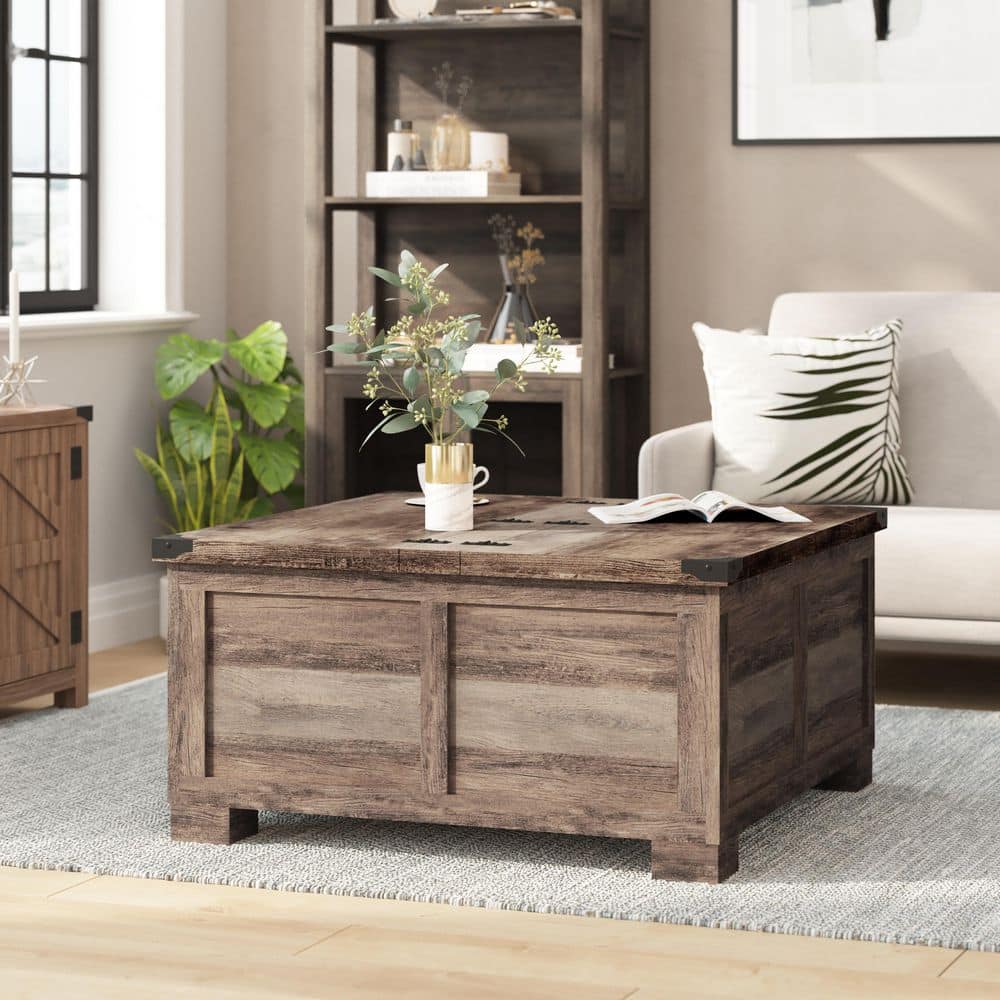 Rustic Gray Wash Square Wood and Metal Lift-Top Coffee Table with Storage