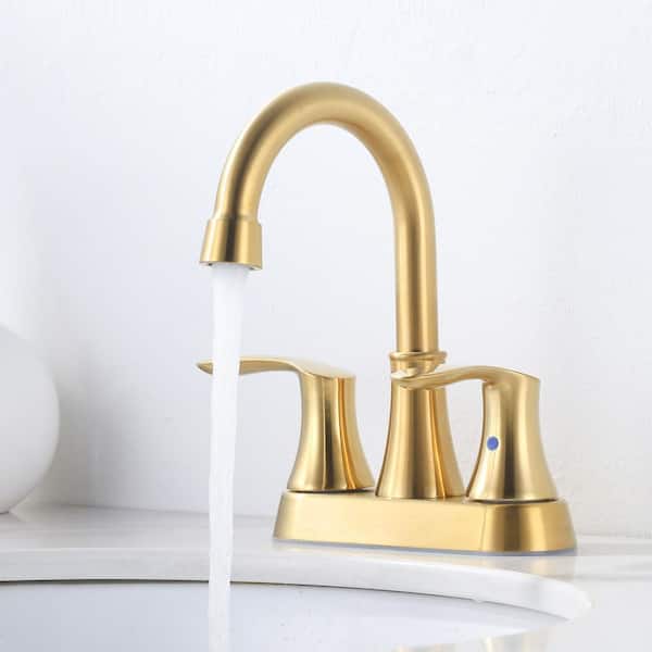 4 in. Centerset Double Handle High Arc Bathroom Faucet with Pop Up Drain and Supply Lines Included in Brushed Gold