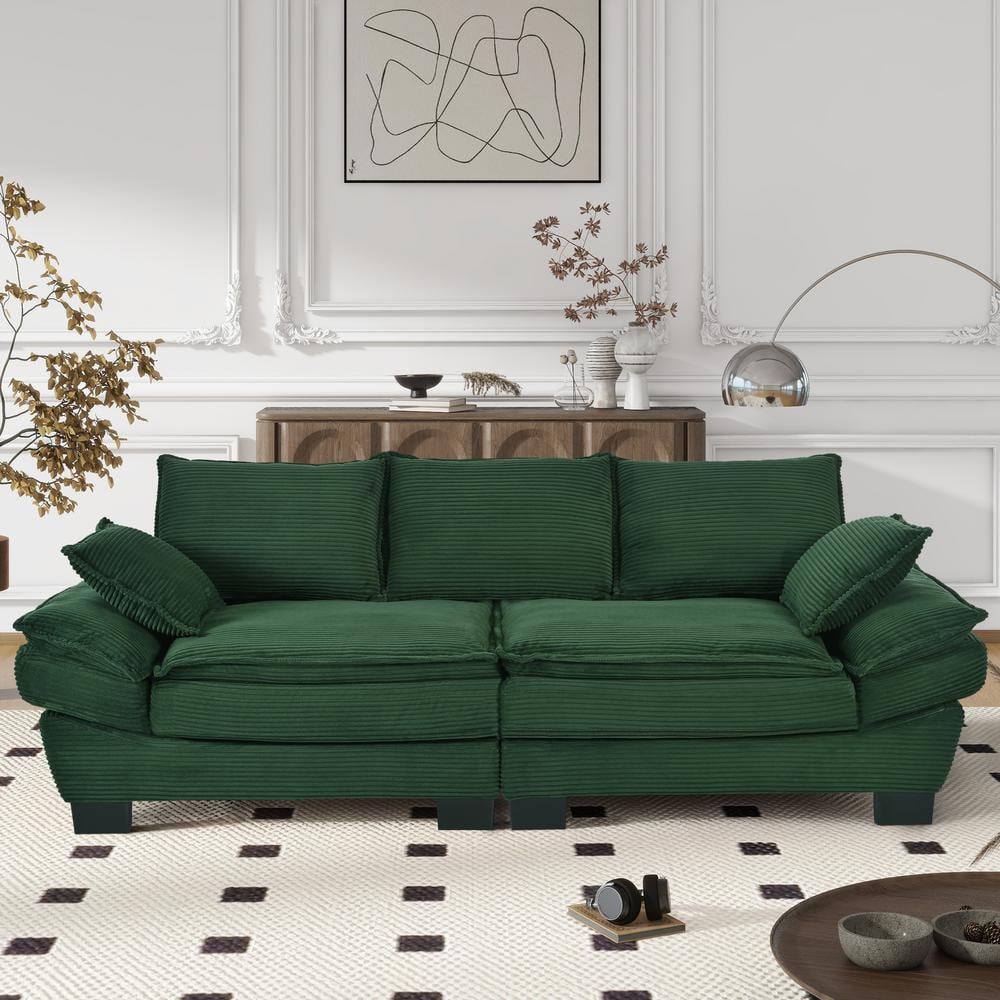 Harper Bright Designs Ultimate Comfort 85.4 in. Flared Arm Corduroy Fabric Rectangle Modern Sofa in Dark Green with 2 Decorative Throw Pillows