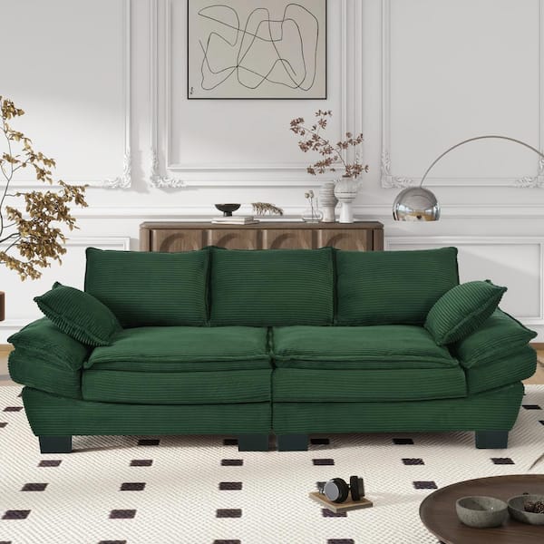 Ultimate Comfort 85.4 in. Flared Arm Corduroy Fabric Rectangle Modern Sofa in Dark Green with 2 Decorative Throw Pillows